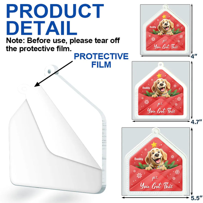 Pet Lovers,Christmas,Happy,Dog Lovers,Dog Mom,Dog Dad,Cat Lovers,Cat Mom,Cat Dad - 3D Effect Dog Cat P.s. You Got This - Personalized Custom Shaped Acrylic Ornament