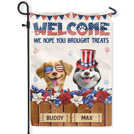 3D Effect Dog Cat Welcome Hope You Brought Treats - Personalized Flag