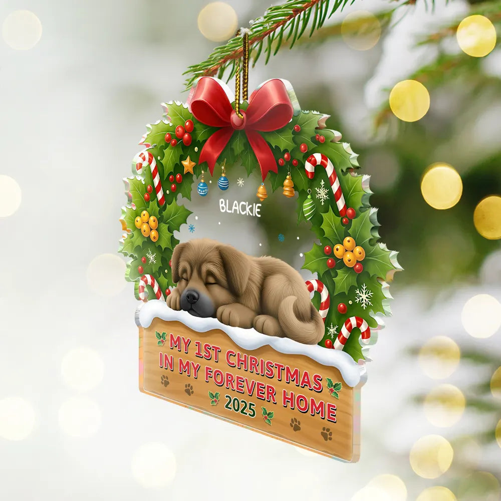 Pet Lovers,Pet Mom,Pet Dad,Dog Lovers,Dog Mom,Dog Dad,Happy,Christmas - 3D Effect Dog My 1st Christmas In My Forever Home - Personalized Custom Shaped Acrylic Ornament