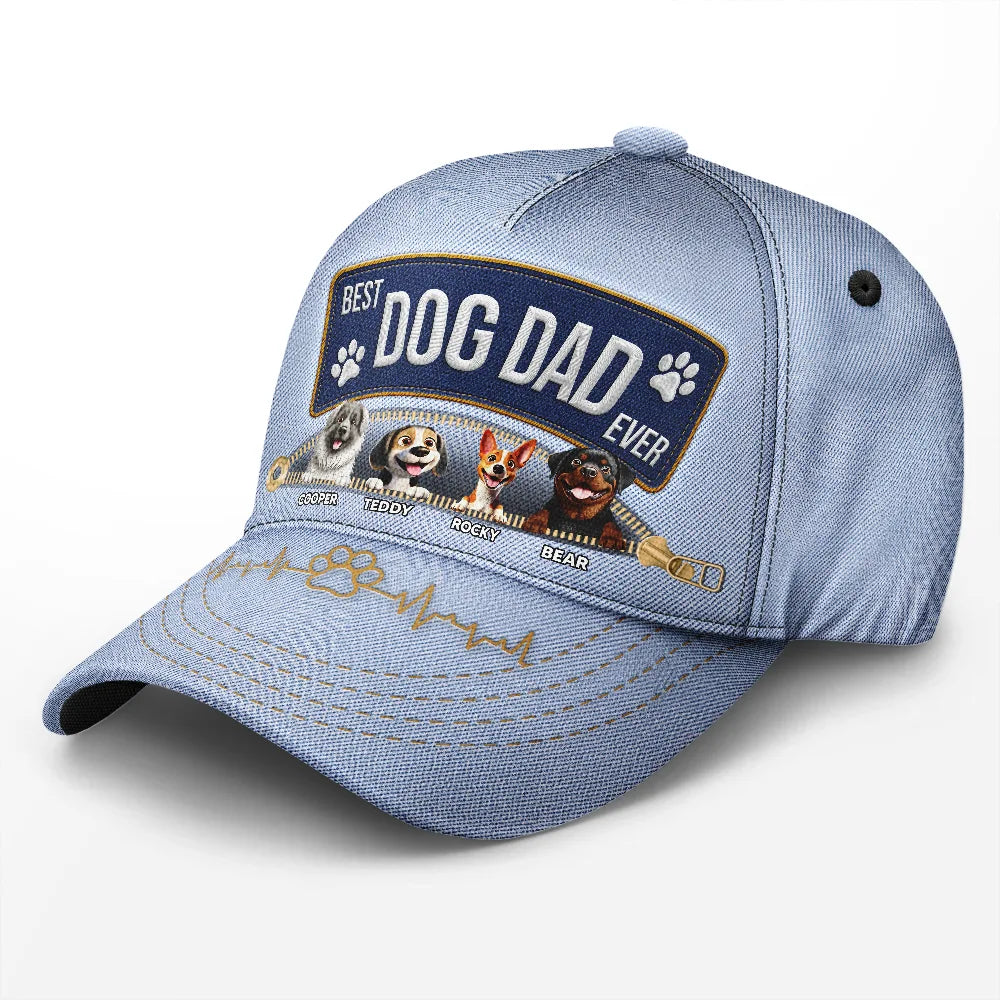 Dog Dad,Dog Mom,Dog Lovers,Funny - 3D Effect Dogs Zippered Denim Jean Printed Hat - Personalized Classic Cap