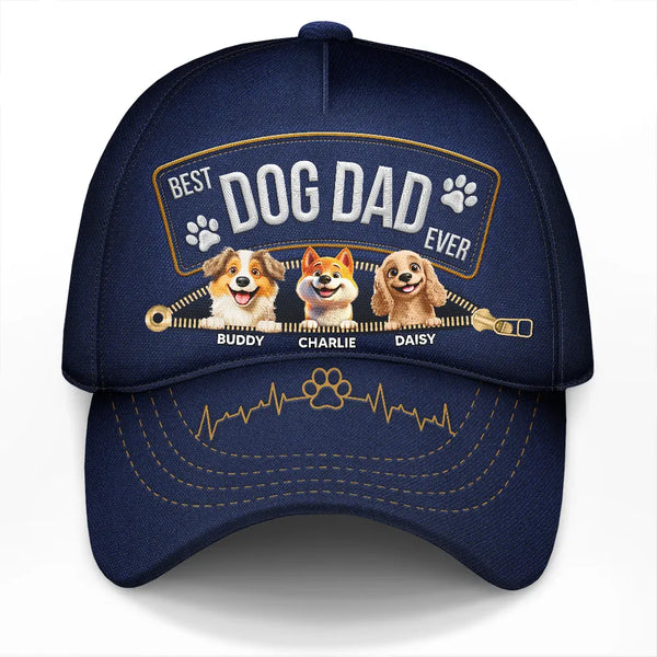 Dog Dad,Dog Mom,Dog Lovers,Funny - 3D Effect Dogs Zippered Denim Jean Printed Hat - Personalized Classic Cap