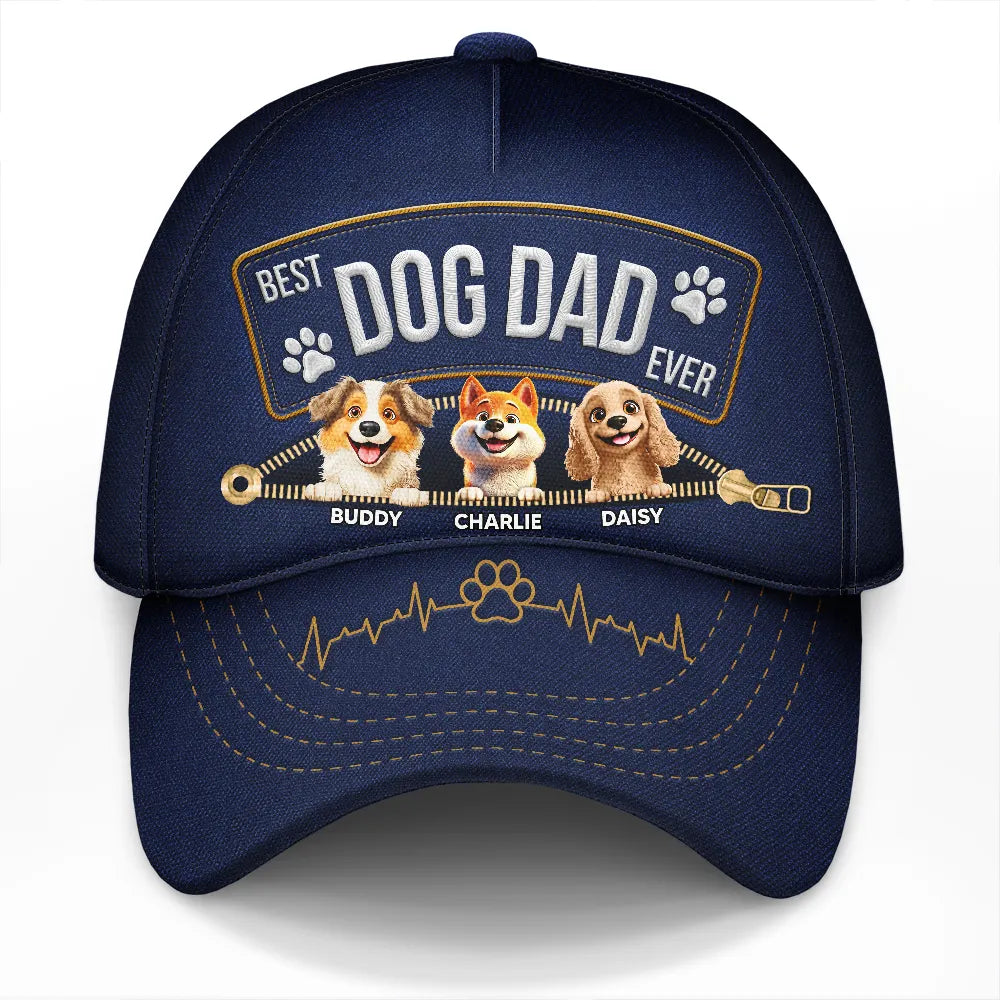 Dog Dad,Dog Mom,Dog Lovers,Funny - 3D Effect Dogs Zippered Denim Jean Printed Hat - Personalized Classic Cap