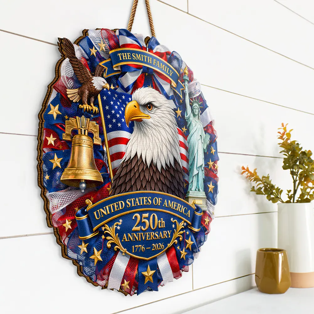 Family,America 250th,Independence Day,Happy - 3D Effect Eagle Wreath 250th Anniversary - Personalized Custom Shaped Wood Sign