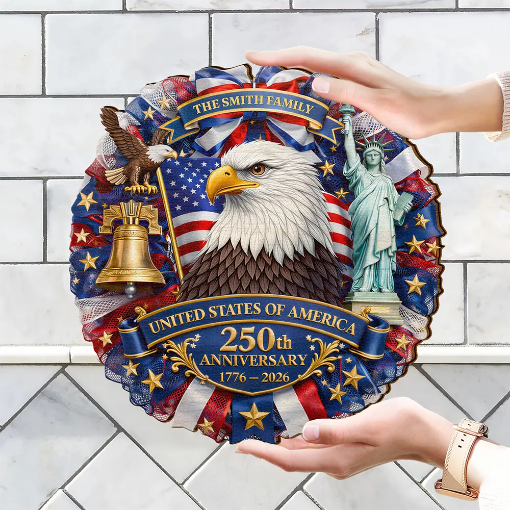 Family,America 250th,Independence Day,Happy - 3D Effect Eagle Wreath 250th Anniversary - Personalized Custom Shaped Wood Sign