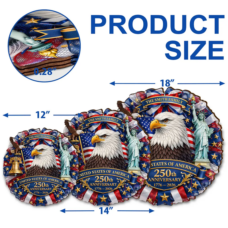 Family,America 250th,Independence Day,Happy - 3D Effect Eagle Wreath 250th Anniversary - Personalized Custom Shaped Wood Sign