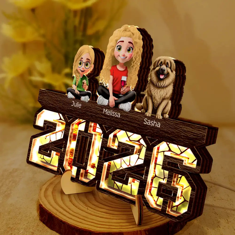 Family,Gift For Couples,Pet Couple,Happy - 3D Effect Family And Dog Cat - Personalized LED Light Wooden Plaque