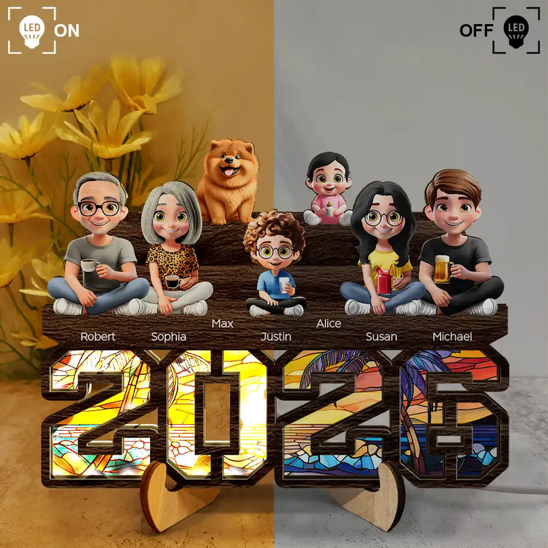 Family,Gift For Couples,Pet Couple,Happy - 3D Effect Family And Dog Cat - Personalized LED Light Wooden Plaque