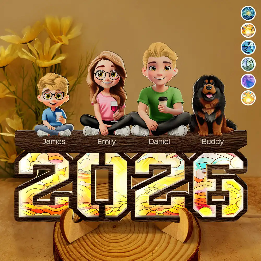3D Effect Family And Dog Cat - Personalized LED Light Wooden Plaque