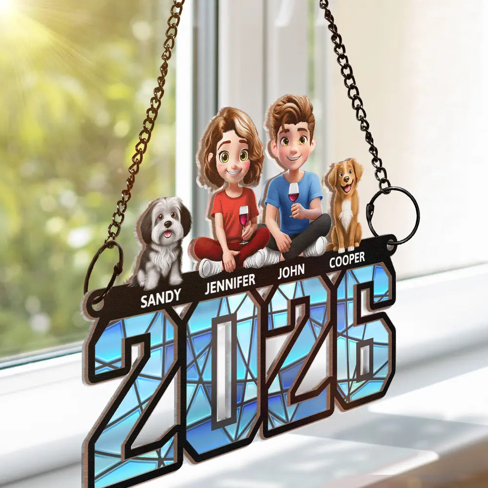 Family, Parents, Gift For Grandparents, Happy - 3D Effect Family And Dog Cat - Personalized Window Hanging Suncatcher Ornament