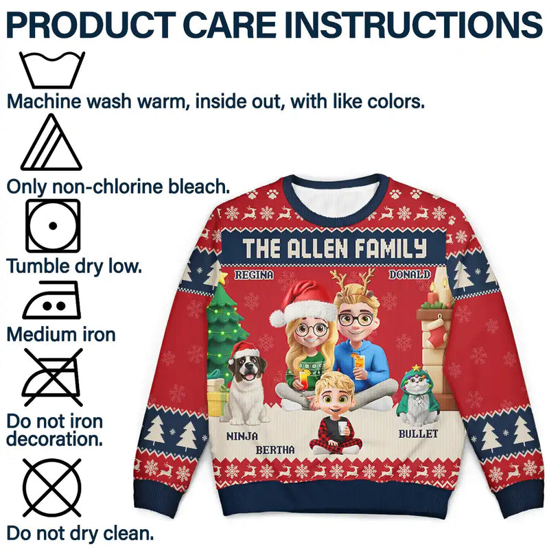 Family,Parents,Gift For Kids,Pet Lovers,Dog Lovers,Cat Lovers,Christmas,Happy - 3D Effect Family Merry Christmas - Personalized Unisex Ugly Sweater