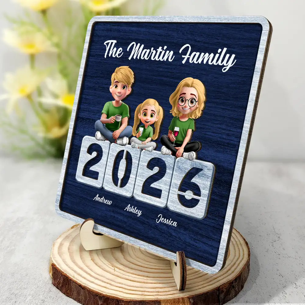 Family,Pet Lovers,Pet Mom,Pet Dad,Pet Couple,Dog Lovers,Dog Couple,Dog Mom,Dog Dad,Cat Lovers,Cat Mom,Cat Dad,Cat Couple,Happy,Single Mom,Single Dad,LGBT,Gift For Grandpa,Gift For Grandma,Gift For Grandkids - 3D Effect Family Sitting Together - Personalized 2-Layered Wooden Plaque With Stand