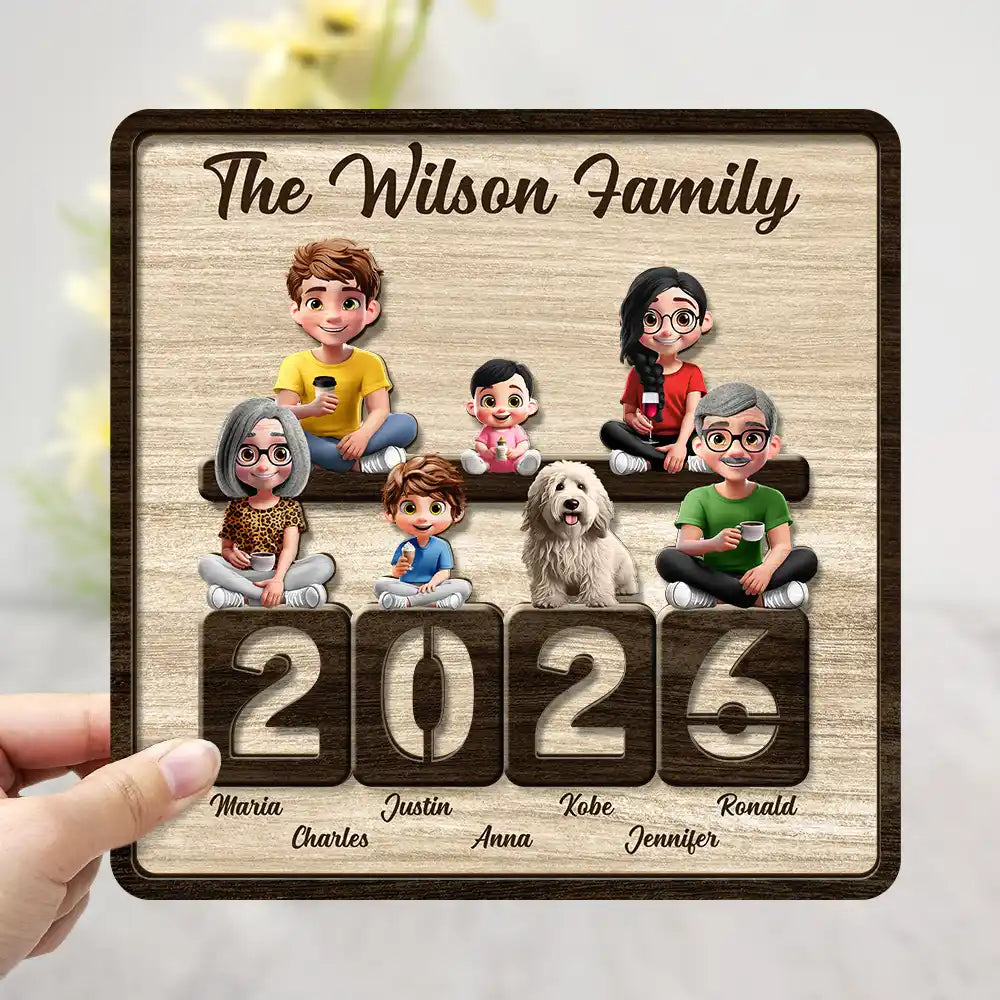 Family,Pet Lovers,Pet Mom,Pet Dad,Pet Couple,Dog Lovers,Dog Couple,Dog Mom,Dog Dad,Cat Lovers,Cat Mom,Cat Dad,Cat Couple,Happy,Single Mom,Single Dad,LGBT,Gift For Grandpa,Gift For Grandma,Gift For Grandkids - 3D Effect Family Sitting Together - Personalized 2-Layered Wooden Plaque With Stand
