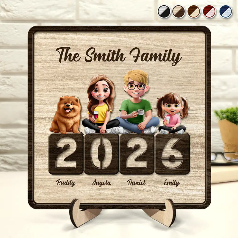 Family,Pet Lovers,Pet Mom,Pet Dad,Pet Couple,Dog Lovers,Dog Couple,Dog Mom,Dog Dad,Cat Lovers,Cat Mom,Cat Dad,Cat Couple,Happy,Single Mom,Single Dad,LGBT,Gift For Grandpa,Gift For Grandma,Gift For Grandkids - 3D Effect Family Sitting Together - Personalized 2-Layered Wooden Plaque With Stand