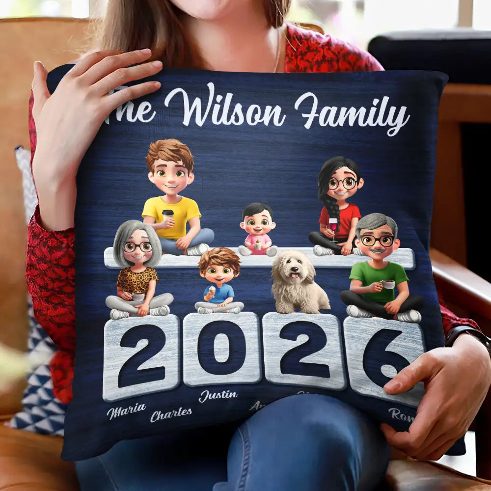 Family,Pet Lovers,Pet Mom,Pet Dad,Pet Couple,Dog Lovers,Dog Couple,Dog Mom,Dog Dad,Cat Lovers,Cat Mom,Cat Dad,Cat Couple,Happy,Single Mom,Single Dad,LGBT,Gift For Grandpa,Gift For Grandma,Gift For Grandkids - 3D Effect Family Sitting Together - Personalized Pillow