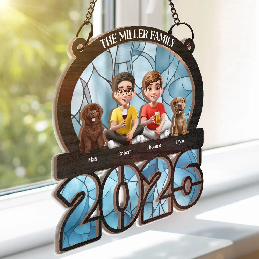 Family,Pet Lovers,Pet Mom,Pet Dad,Pet Couple,Dog Lovers,Dog Couple,Dog Mom,Dog Dad,Cat Lovers,Cat Mom,Cat Dad,Cat Couple,Happy,Single Mom,Single Dad,LGBT,Gift For Grandpa,Gift For Grandma,Gift For Grandkids - 3D Effect Family Sitting Together - Personalized Window Hanging Suncatcher Ornament