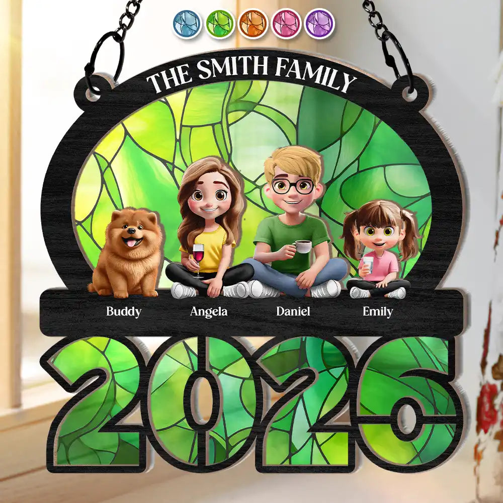 Family,Pet Lovers,Pet Mom,Pet Dad,Pet Couple,Dog Lovers,Dog Couple,Dog Mom,Dog Dad,Cat Lovers,Cat Mom,Cat Dad,Cat Couple,Happy,Single Mom,Single Dad,LGBT,Gift For Grandpa,Gift For Grandma,Gift For Grandkids - 3D Effect Family Sitting Together - Personalized Window Hanging Suncatcher Ornament