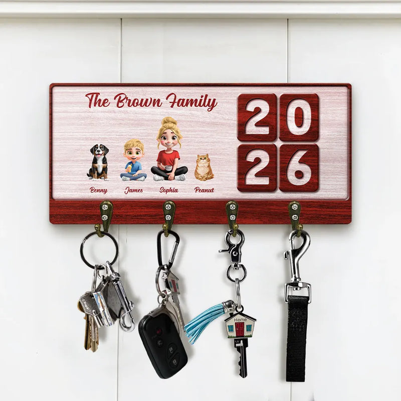 Family,Pet Lovers,Pet Mom,Pet Dad,Pet Couple,Dog Lovers,Dog Couple,Dog Mom,Dog Dad,Cat Lovers,Cat Mom,Cat Dad,Cat Couple,Happy,Single Mom,Single Dad,LGBT,Gift For Grandpa,Gift For Grandma,Gift For Grandkids - 3D Effect Family Sitting Together - Personalized Wood Key Holder