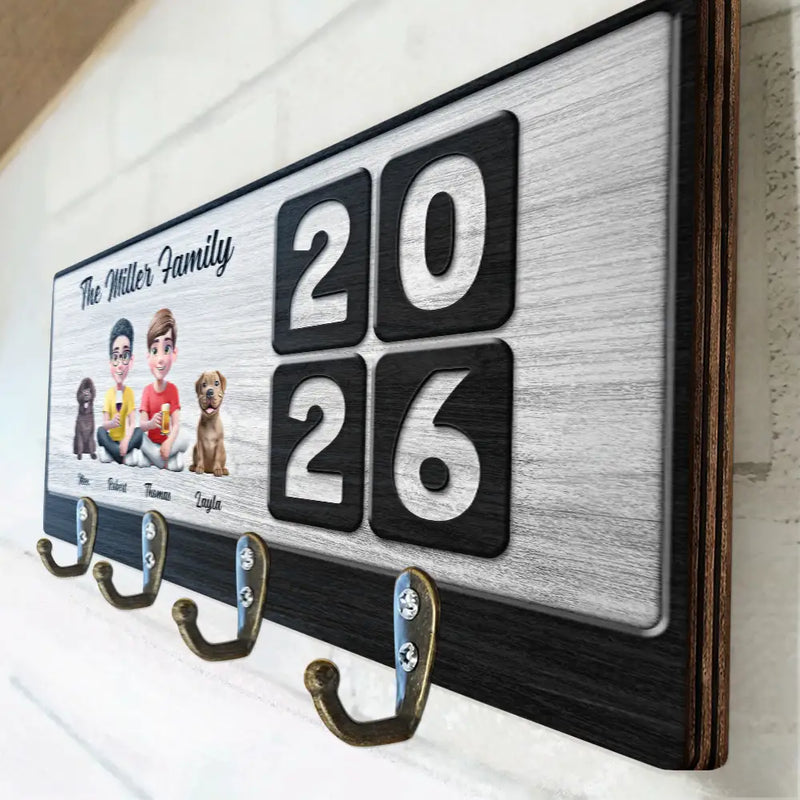 Family,Pet Lovers,Pet Mom,Pet Dad,Pet Couple,Dog Lovers,Dog Couple,Dog Mom,Dog Dad,Cat Lovers,Cat Mom,Cat Dad,Cat Couple,Happy,Single Mom,Single Dad,LGBT,Gift For Grandpa,Gift For Grandma,Gift For Grandkids - 3D Effect Family Sitting Together - Personalized Wood Key Holder