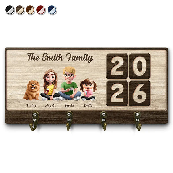 Family,Pet Lovers,Pet Mom,Pet Dad,Pet Couple,Dog Lovers,Dog Couple,Dog Mom,Dog Dad,Cat Lovers,Cat Mom,Cat Dad,Cat Couple,Happy,Single Mom,Single Dad,LGBT,Gift For Grandpa,Gift For Grandma,Gift For Grandkids - 3D Effect Family Sitting Together - Personalized Wood Key Holder