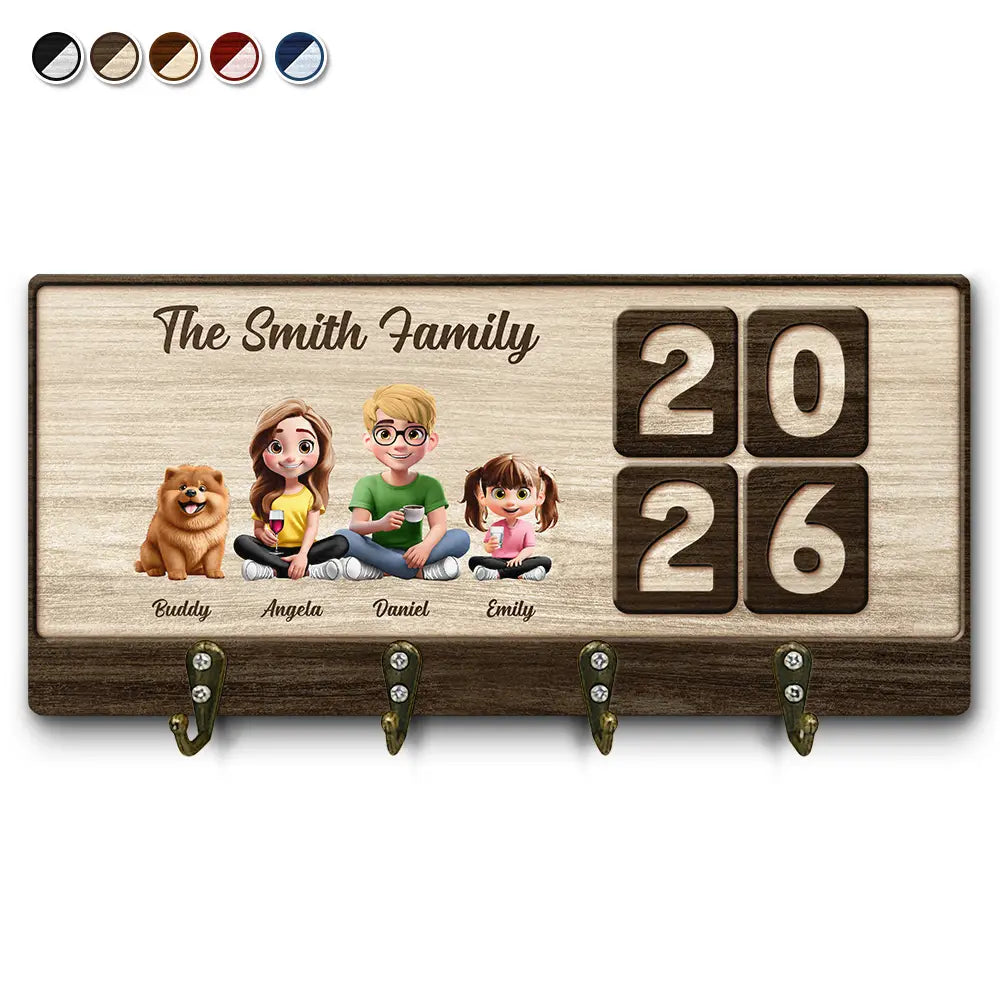 3D Effect Family Sitting Together - Personalized Wood Key Holder