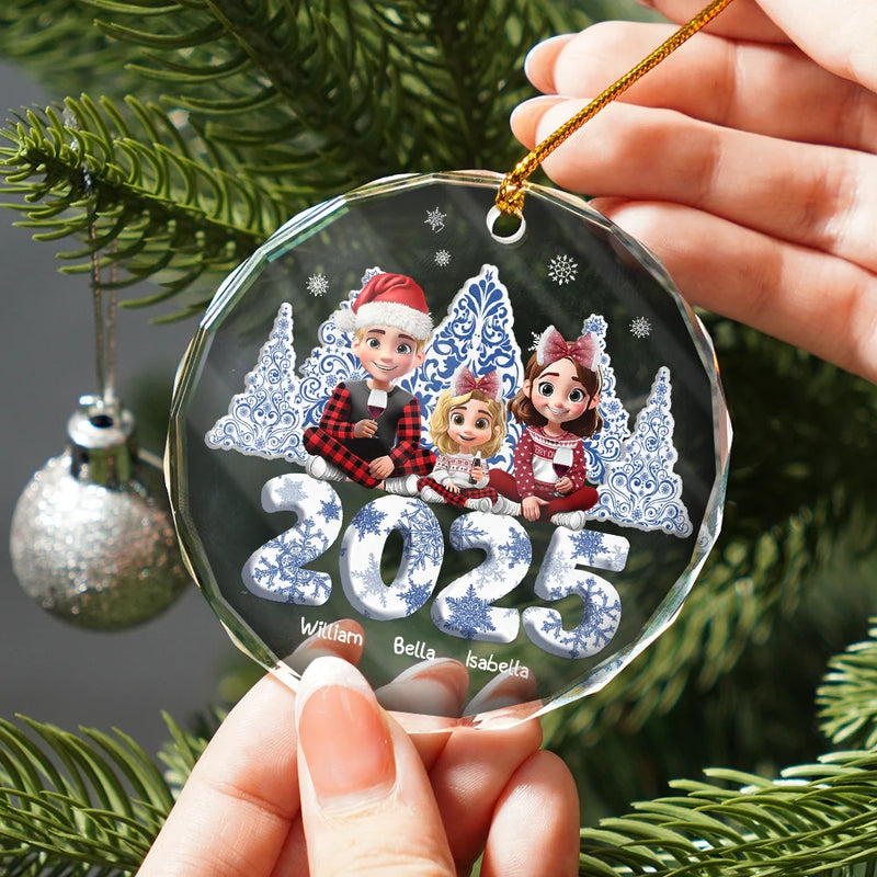 Gift For Couples,Family,Parents,Happy,Christmas - 3D Effect Family Toile De Jouy Christmas Trees For Parent, Kid, Baby - Personalized Circle Glass Ornament