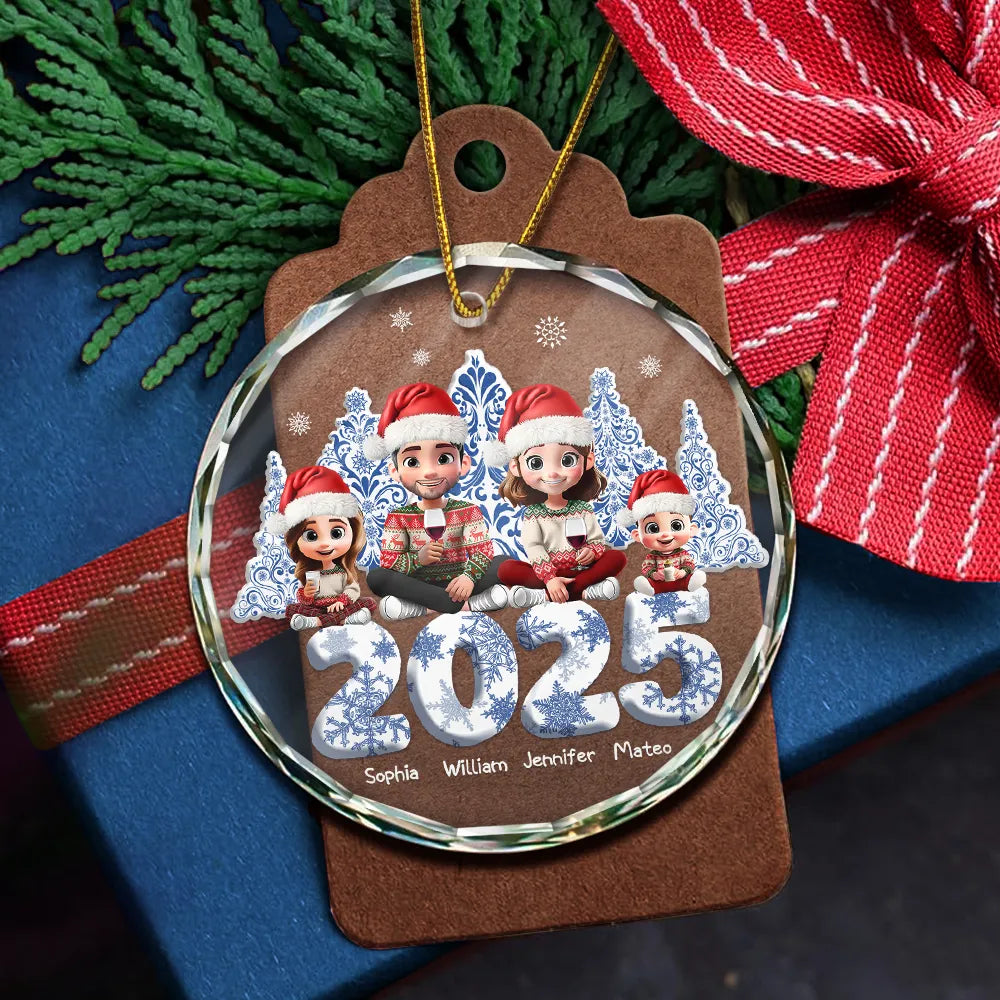 Gift For Couples,Family,Parents,Happy,Christmas - 3D Effect Family Toile De Jouy Christmas Trees For Parent, Kid, Baby - Personalized Circle Glass Ornament