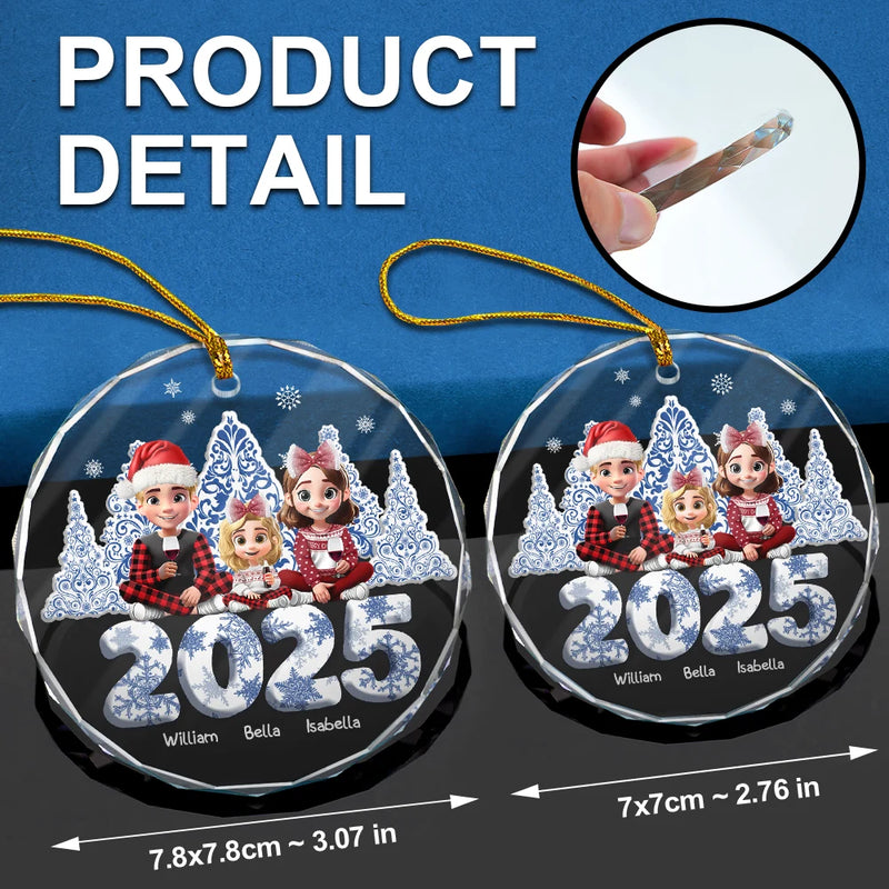 Gift For Couples,Family,Parents,Happy,Christmas - 3D Effect Family Toile De Jouy Christmas Trees For Parent, Kid, Baby - Personalized Circle Glass Ornament