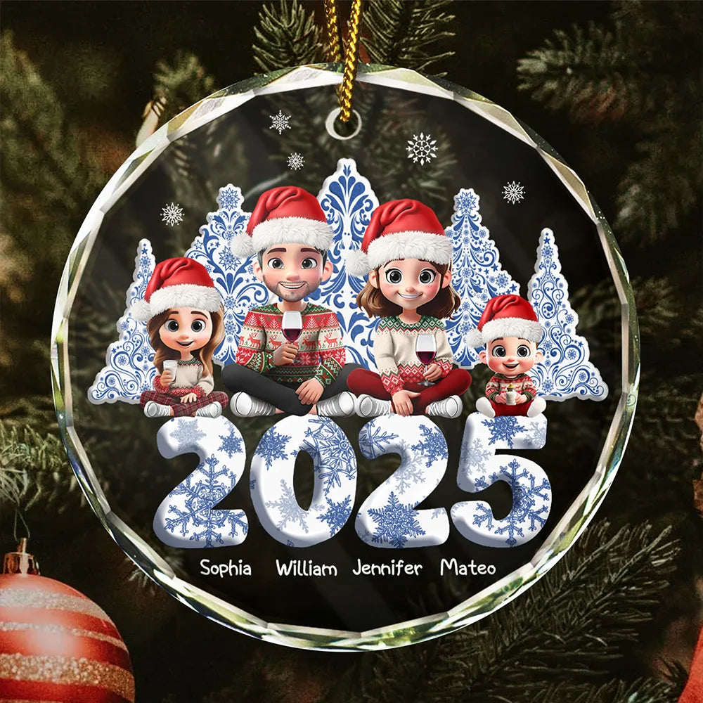 Gift For Couples,Family,Parents,Happy,Christmas - 3D Effect Family Toile De Jouy Christmas Trees For Parent, Kid, Baby - Personalized Circle Glass Ornament
