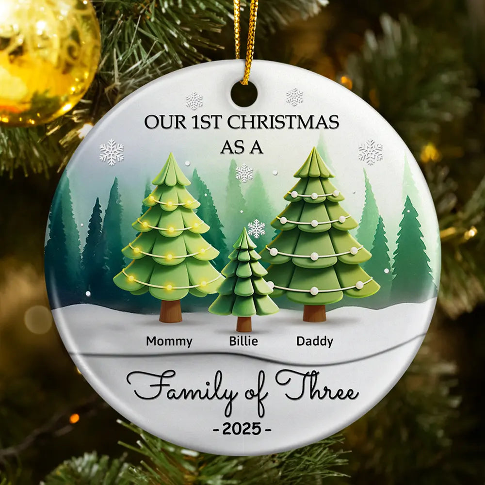 3D Effect First Christmas As A Family Of Three - Personalized Circle Ceramic Ornament