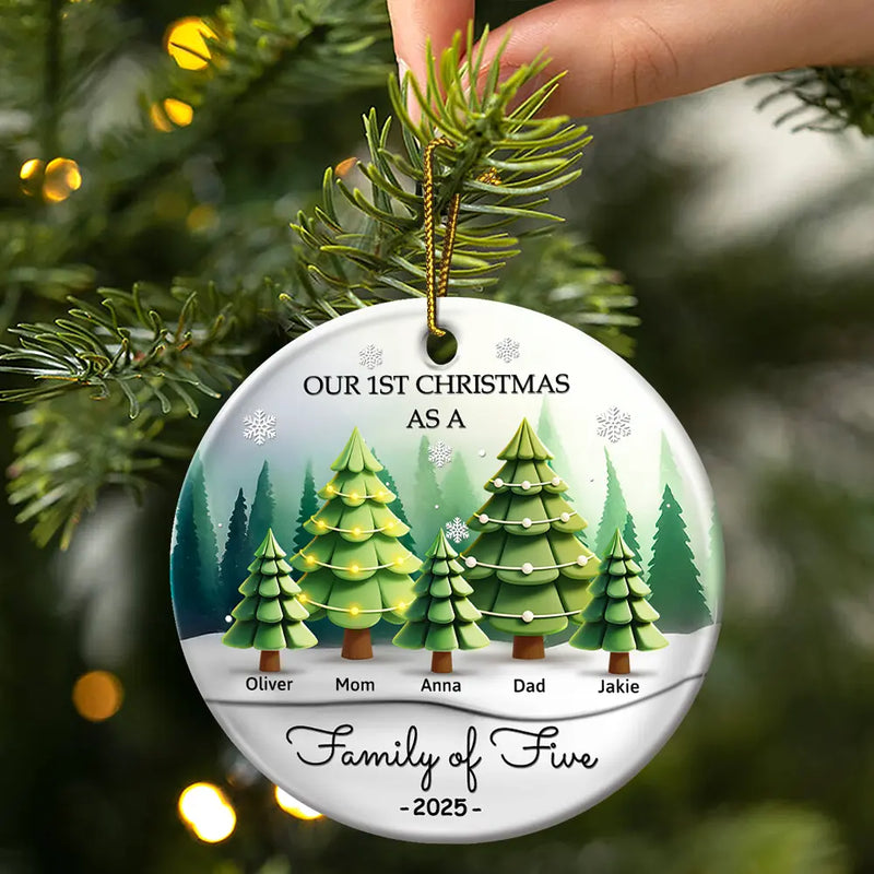 Family, Parents, Gift For Kids, Christmas, Happy - 3D Effect First Christmas As A Family Of Three - Personalized Circle Ceramic Ornament