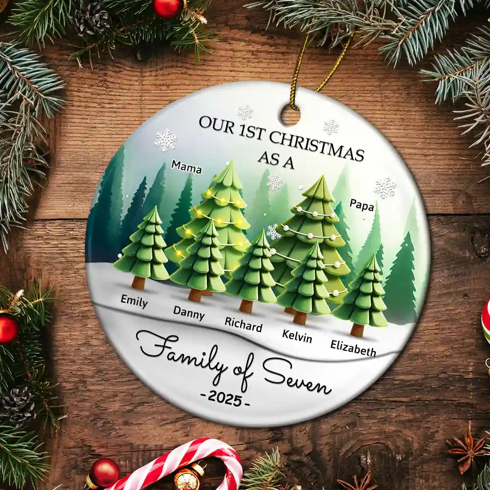 Family, Parents, Gift For Kids, Christmas, Happy - 3D Effect First Christmas As A Family Of Three - Personalized Circle Ceramic Ornament