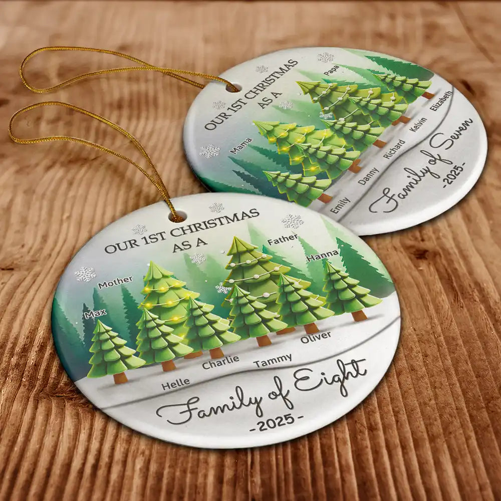 Family, Parents, Gift For Kids, Christmas, Happy - 3D Effect First Christmas As A Family Of Three - Personalized Circle Ceramic Ornament