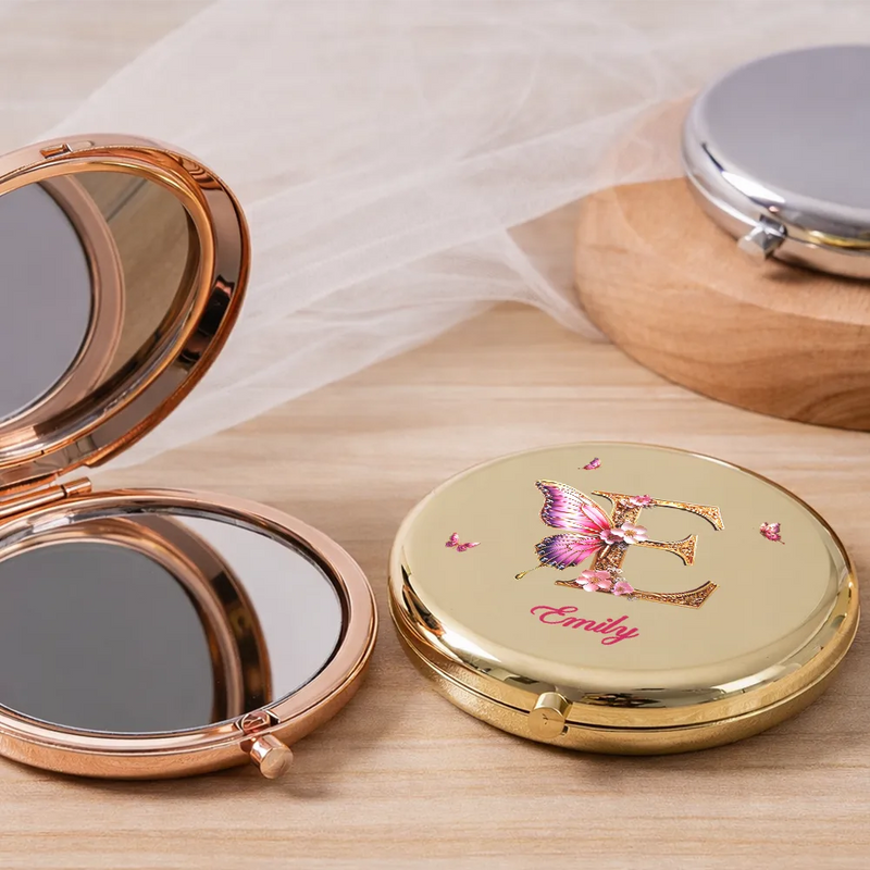 Gift For Women, Gift For Yourself, Gift For Bestie, Happy - 3D Effect Flower & Butterfly Monogram Shine With Love and Admiration - Personalized Compact Mirror
