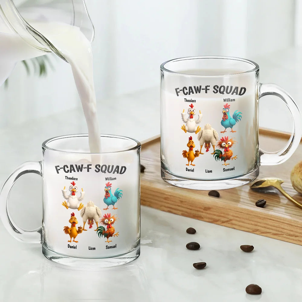 Funny, Gift For Yourself, Gift For Women, Gift For Men, Farm, Gifts For Colleagues, Gift For Bestie - 3D Effect Funny Chickens F-CAW-F Squad - Personalized Glass Mug