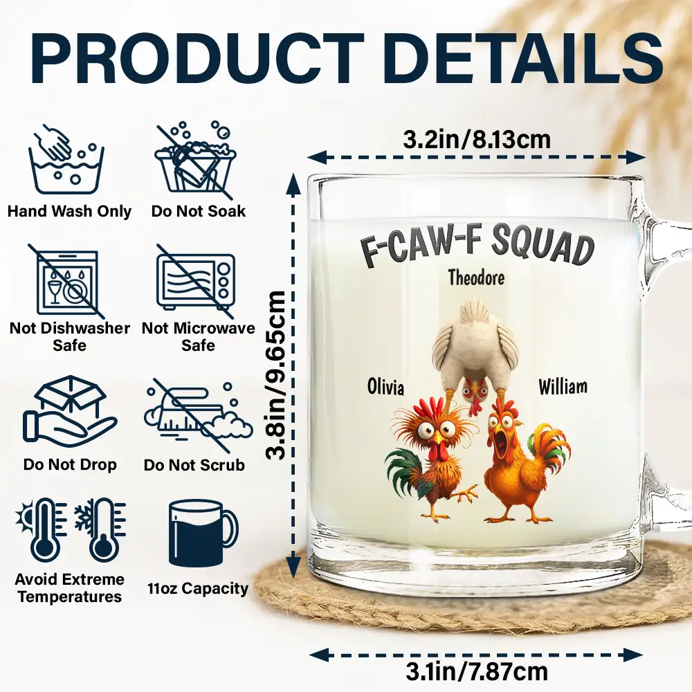 Funny, Gift For Yourself, Gift For Women, Gift For Men, Farm, Gifts For Colleagues, Gift For Bestie - 3D Effect Funny Chickens F-CAW-F Squad - Personalized Glass Mug