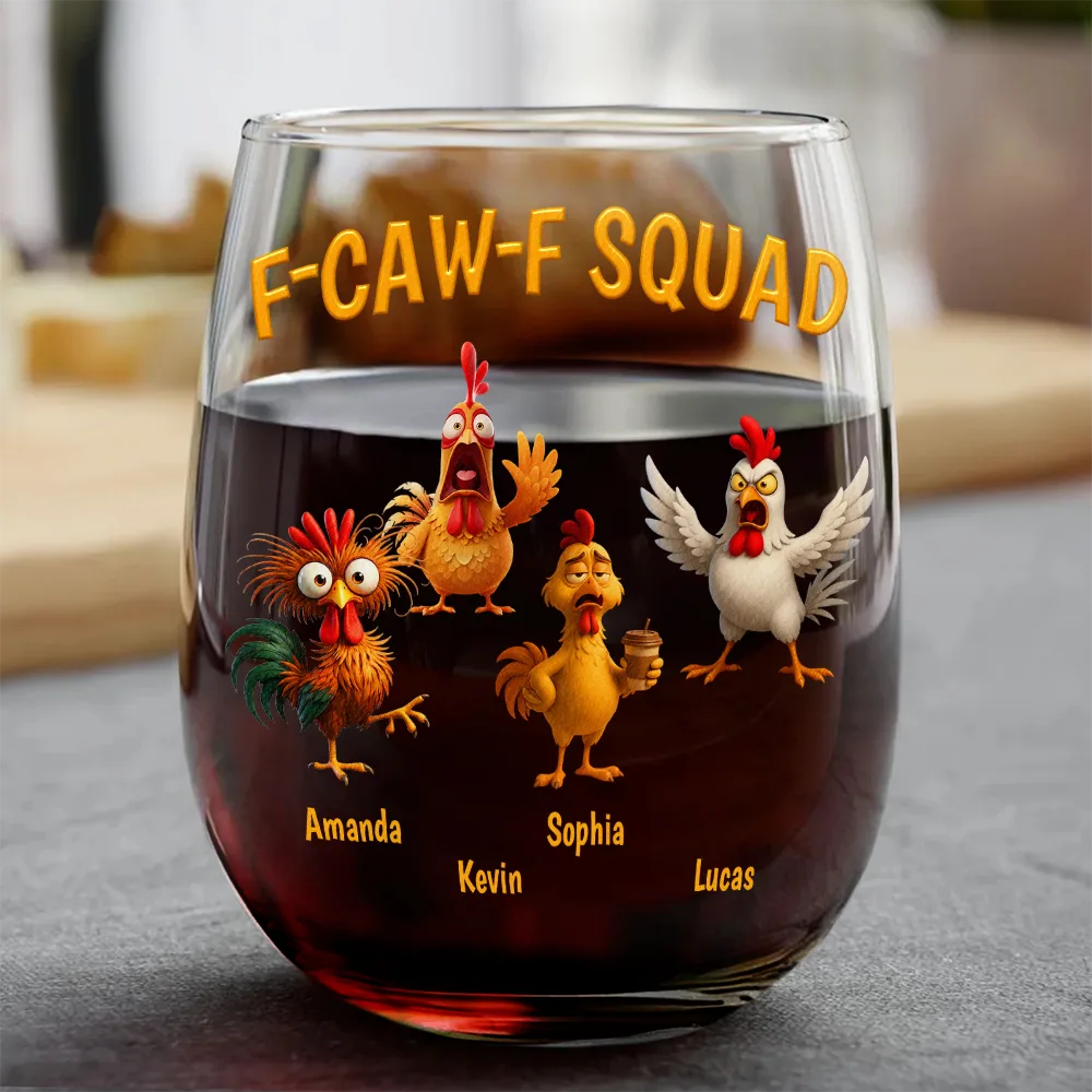 3D Effect Funny Chickens F-CAW-F Squad - Personalized Stemless Wine Glass