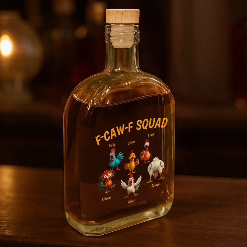 Funny, Gift For Yourself, Gift For Women, Gift For Men, Farm, Gifts For Colleagues, Gift For Bestie - 3D Effect Funny Chickens F-CAW-F Squad - Personalized Whiskey Bottle