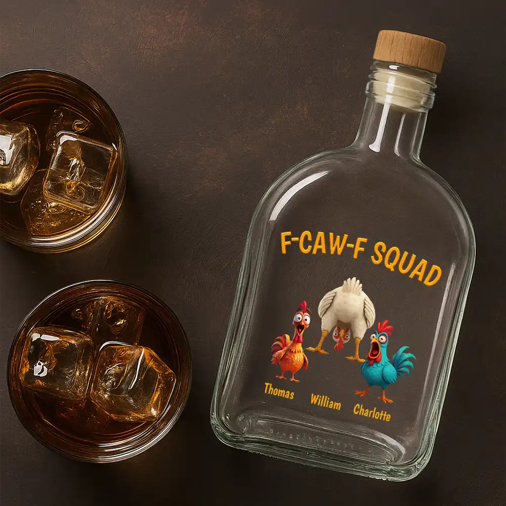 Funny, Gift For Yourself, Gift For Women, Gift For Men, Farm, Gifts For Colleagues, Gift For Bestie - 3D Effect Funny Chickens F-CAW-F Squad - Personalized Whiskey Bottle