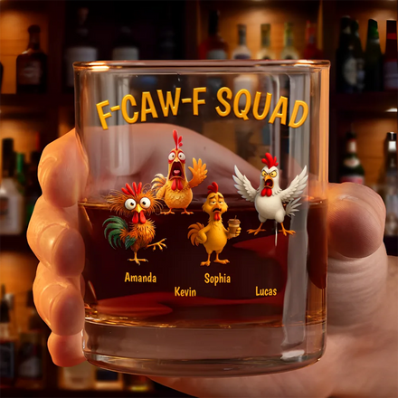 3D Effect Funny Chickens F-CAW-F Squad - Personalized Whiskey Glass