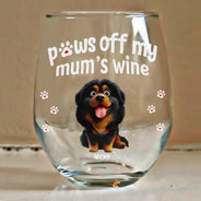 Pet Mom,Pet Dad,Dog Mom,Dog Dad,Cat Mom,Cat Dad,Funny - 3D Effect Funny Dog Cat Paws Off My Mom's Wine - Personalized Stemless Wine Glass