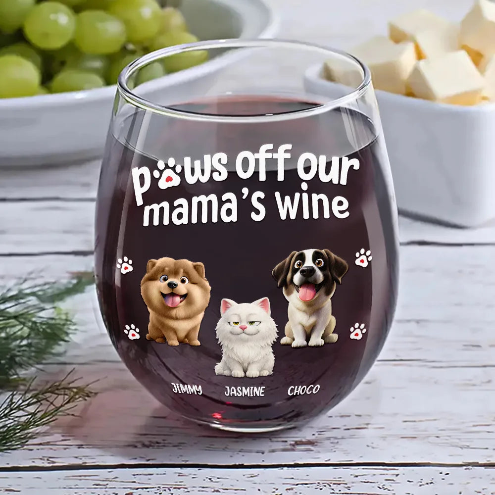 Pet Mom,Pet Dad,Dog Mom,Dog Dad,Cat Mom,Cat Dad,Funny - 3D Effect Funny Dog Cat Paws Off My Mom's Wine - Personalized Stemless Wine Glass