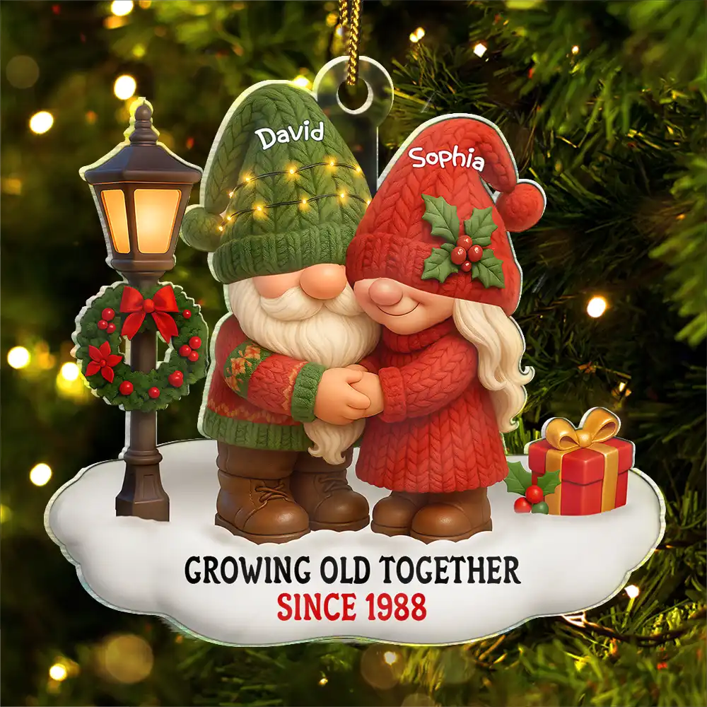 Gift For Couples, Old Couples, Gift For Husband, Gift For Wife, Christmas, Love, Top Market - 3D Effect Gnome Couple Growing Old Together Christmas - Personalized Custom Shaped Acrylic Ornament