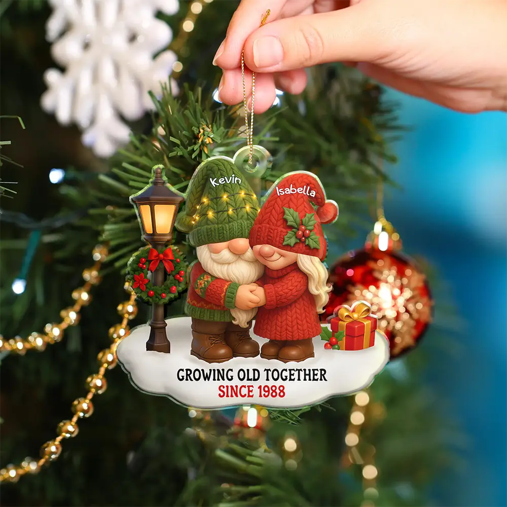 Gift For Couples, Old Couples, Gift For Husband, Gift For Wife, Christmas, Love, Top Market - 3D Effect Gnome Couple Growing Old Together Christmas - Personalized Custom Shaped Acrylic Ornament
