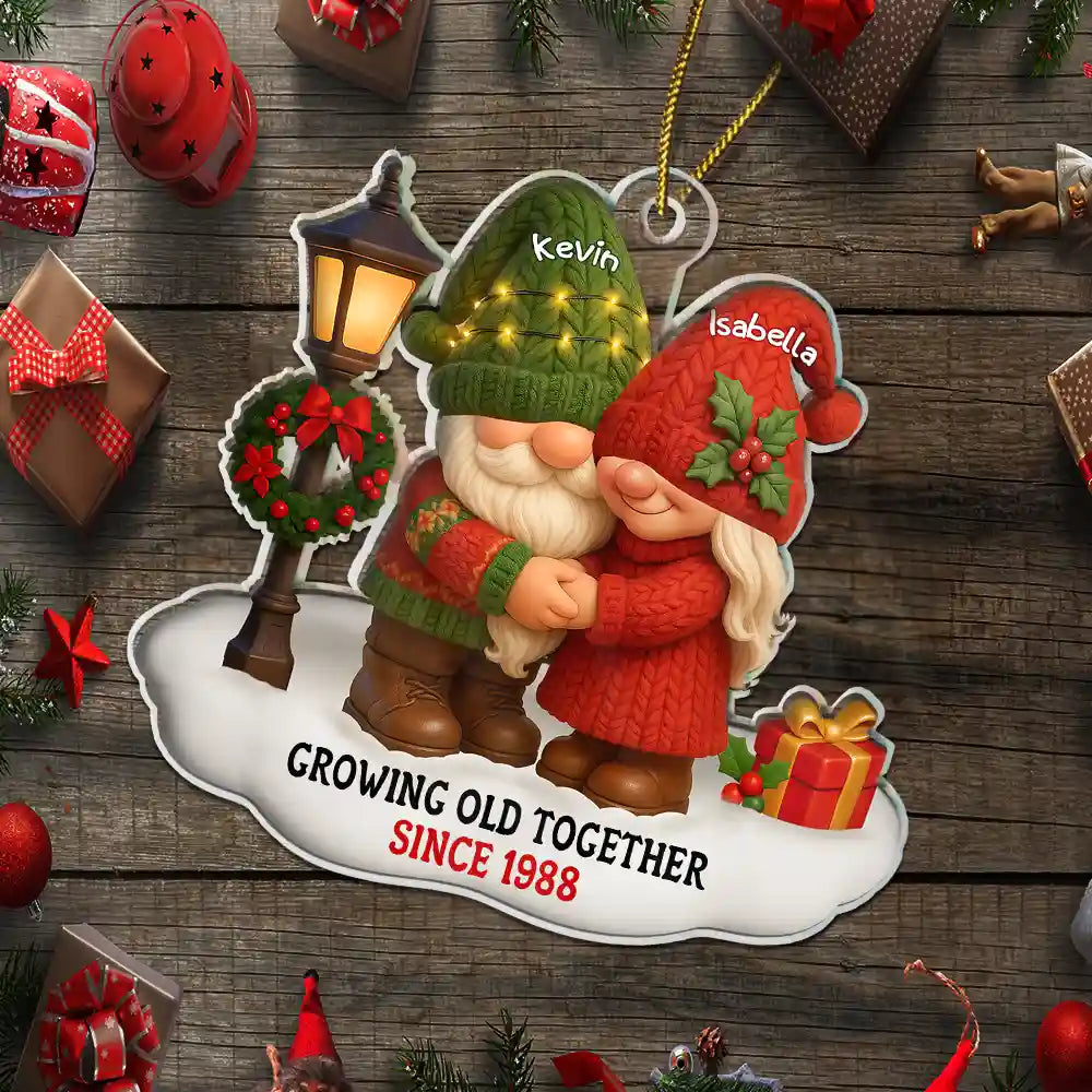 Gift For Couples, Old Couples, Gift For Husband, Gift For Wife, Christmas, Love, Top Market - 3D Effect Gnome Couple Growing Old Together Christmas - Personalized Custom Shaped Acrylic Ornament