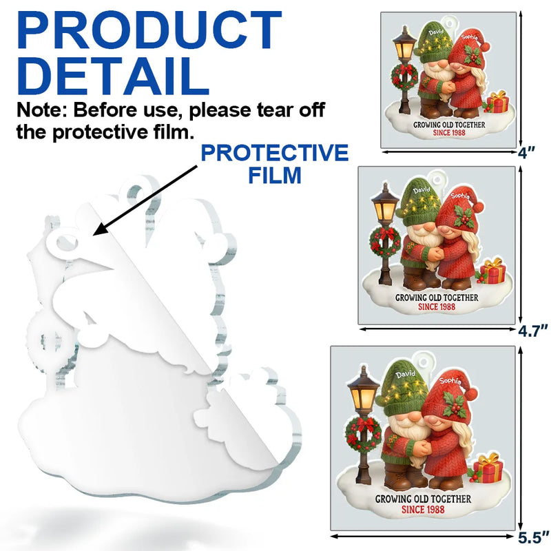 Gift For Couples, Old Couples, Gift For Husband, Gift For Wife, Christmas, Love, Top Market - 3D Effect Gnome Couple Growing Old Together Christmas - Personalized Custom Shaped Acrylic Ornament