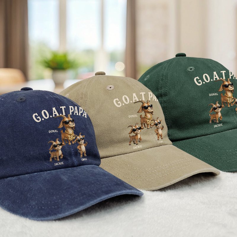 Gift For Father,Humorous,Icon - 3D Effect Goat Dad And Kids - Personalized Vintage Washed Denim Cap