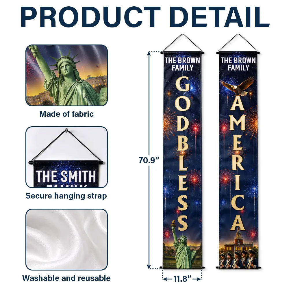 America 250th,Independence Day,Family,Proud,Custom Text - 3D Effect God Bless America - Personalized Porch Banners