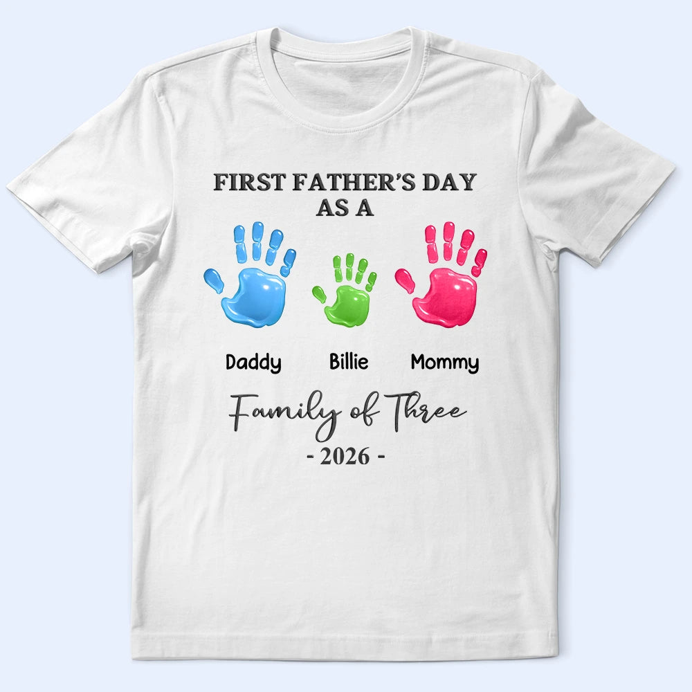 Family,New Dad,New Mom,New baby,Happy - 3D Effect Handprints Family - Personalized T Shirt