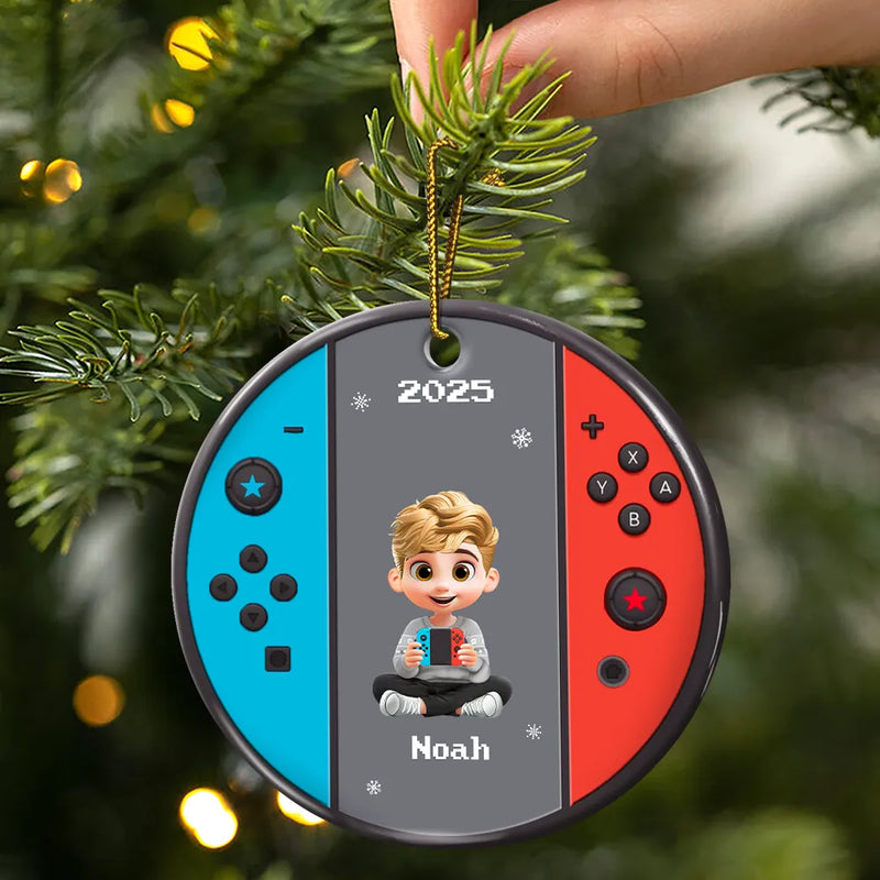 Gift For Kids, Gift For Grandkids, Happy, Christmas, Non-Eng - 3D Effect Kids Gamer - Personalized Combo Circle Ceramic Ornament Set
