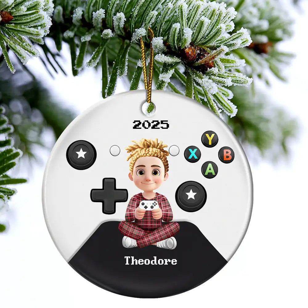 Gift For Kids, Gift For Grandkids, Happy, Christmas, Non-Eng - 3D Effect Kids Gamer - Personalized Combo Circle Ceramic Ornament Set